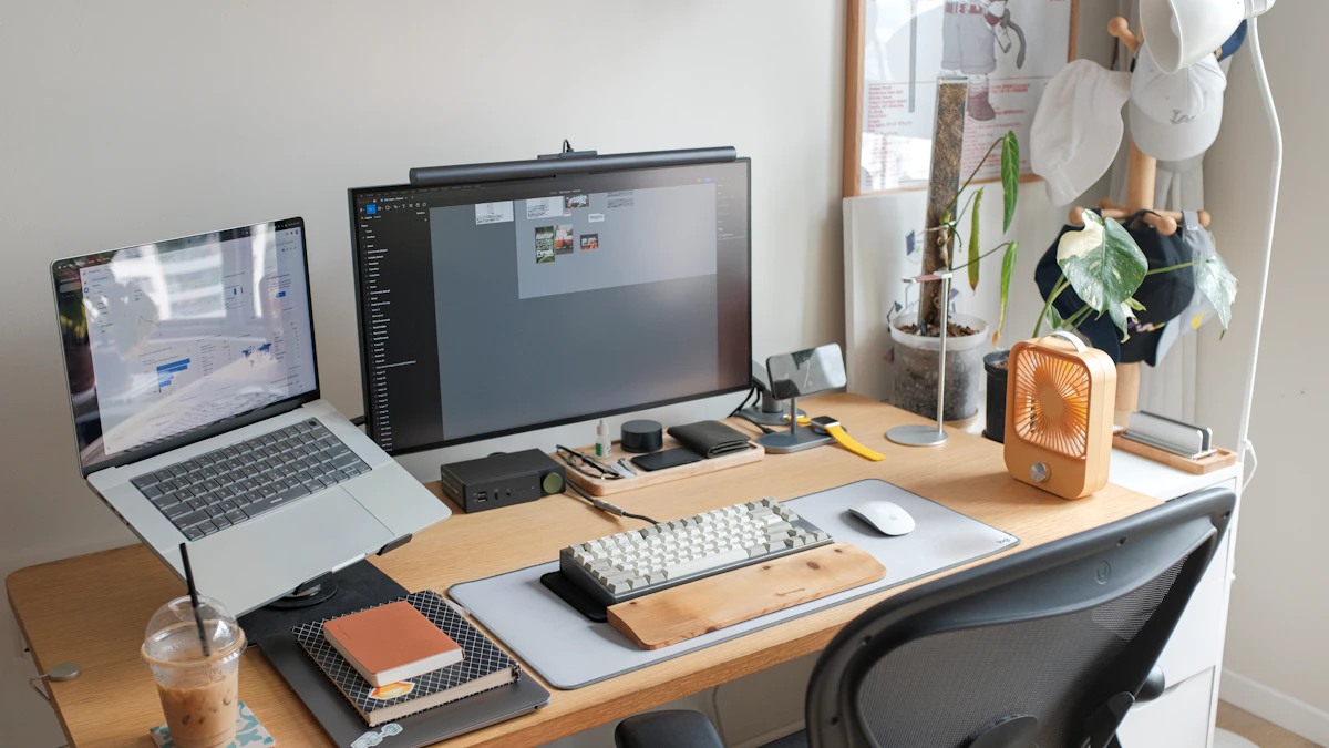 Laptop connected to an external monitor on a workstation desk