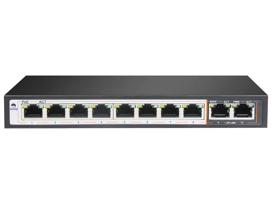 Scoop 8 Port Fast Ethernet PoE 96W 2 Gigabit Switch