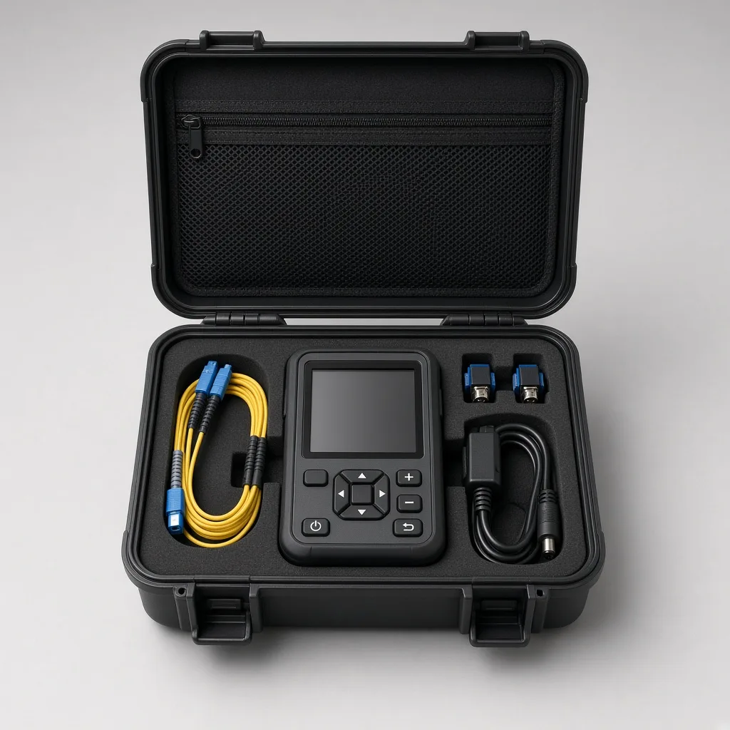 Mini OTDR in a field carry case with test leads