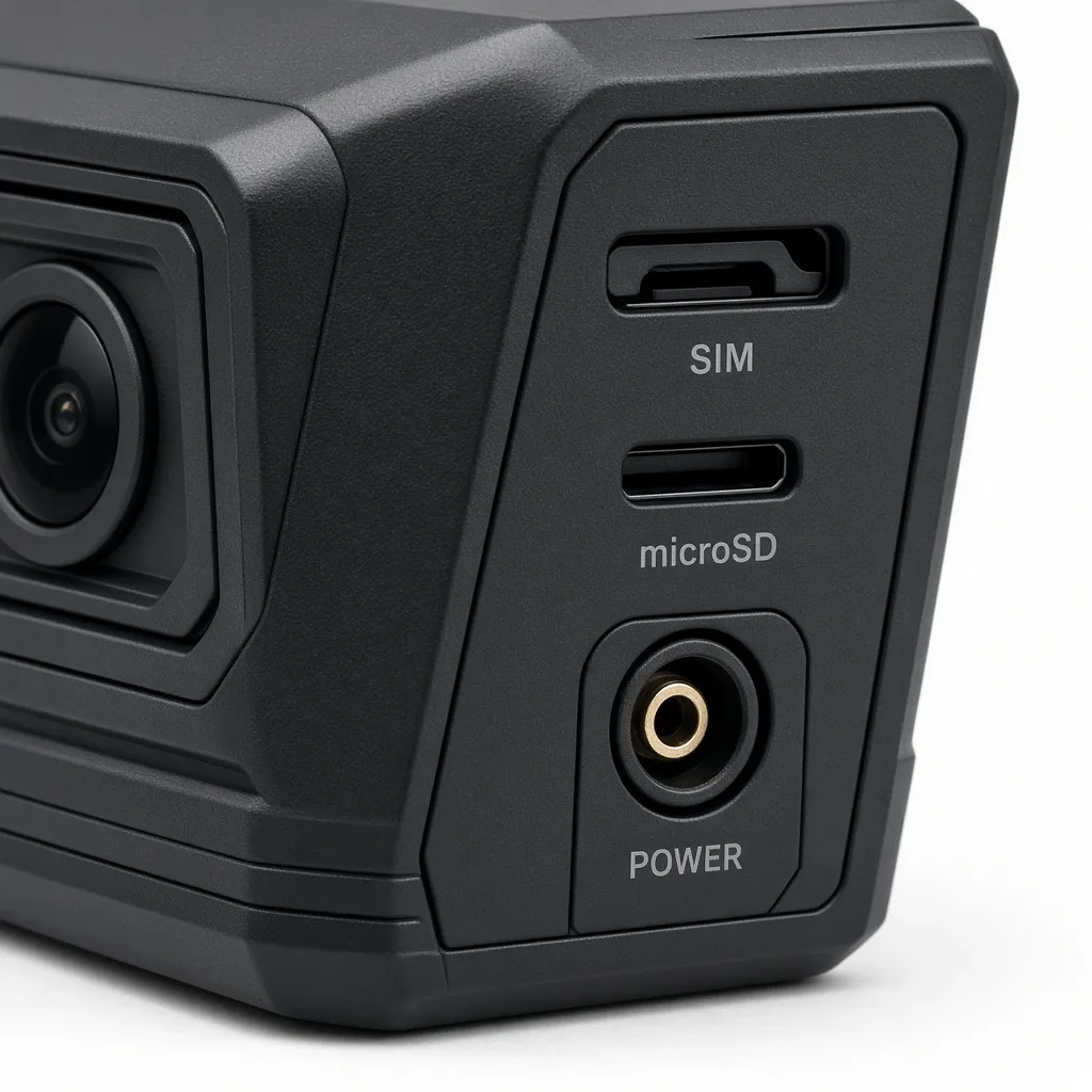 Fleet dashcam power, SIM and memory-card ports