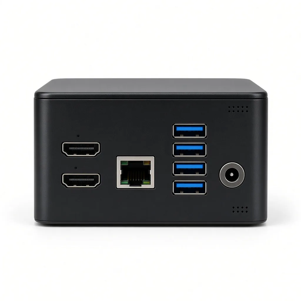 Mini PC rear panel with video, Ethernet and USB ports